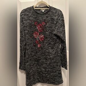 Ultra Flirt Sweater Dress Dark Grey with red embroidered flowers Size XLarge